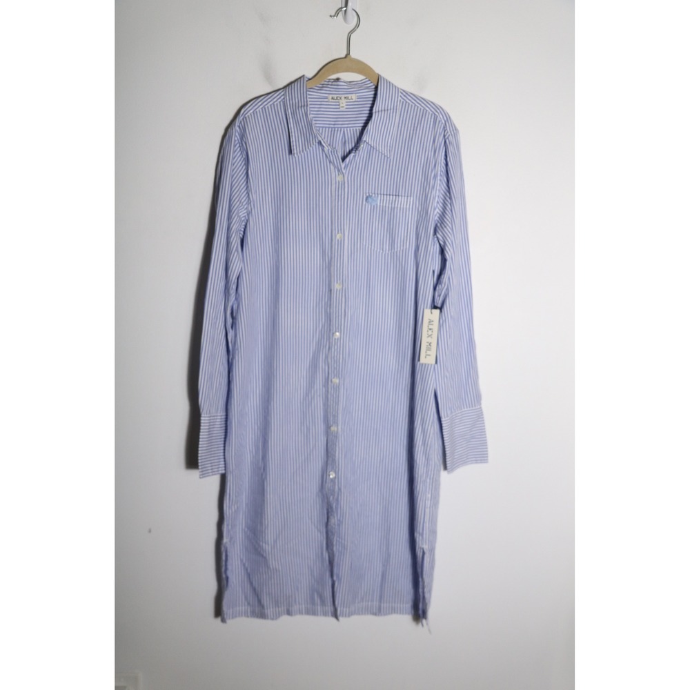 Alex Mill Standard Stripe Midi Shirt Dress Women Large Blue Flower Pocket Cotton